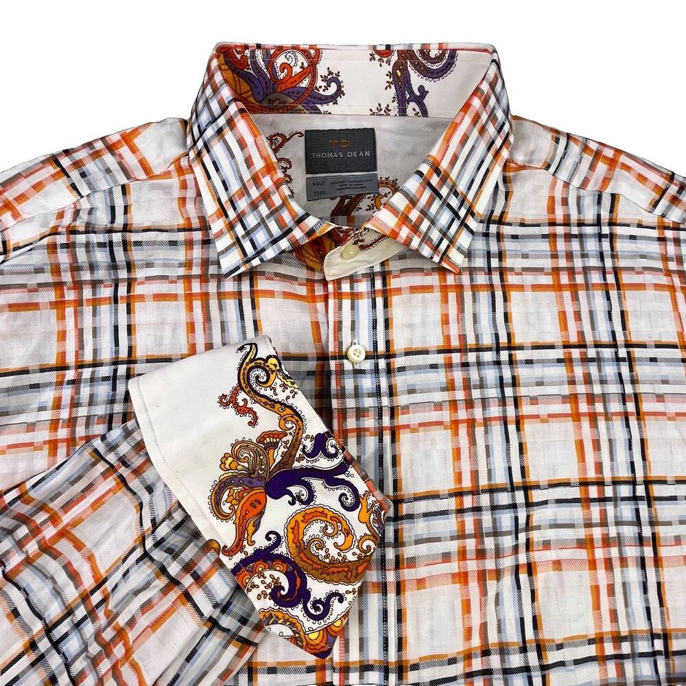 Thomas Dean Shirt Mens XXLT Tall Plaid Paisley Floral Flip Cuff Long Sleeve